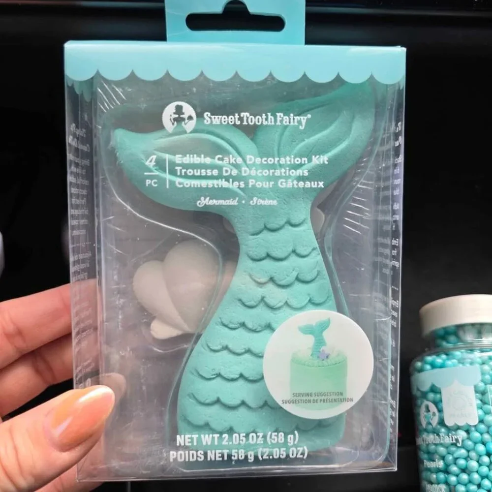 Mermaid tail cake toppers woth 2 jars of sprinkles. New in box Mermaid birthday